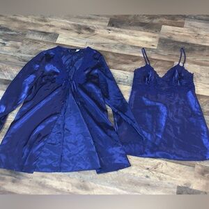 Fredericks of hollywood blue lace satin bridal spa robe gown set size S
